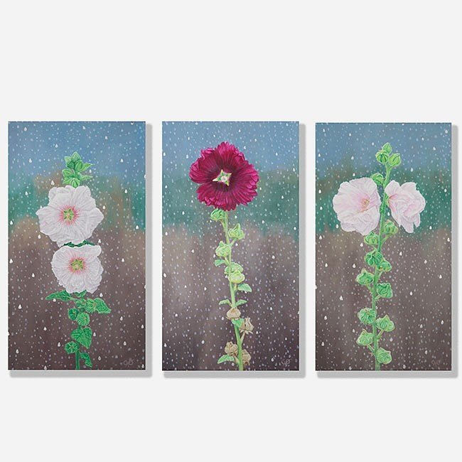 This triptych celebrates the timeless beauty of Hollyhocks. I was inspired to paint the background abstractly with a feeling of rain. I painted some of the drops silver, giving the painting luminosity.
Each canvas is 18 x 10 inches. 
Total of all thr