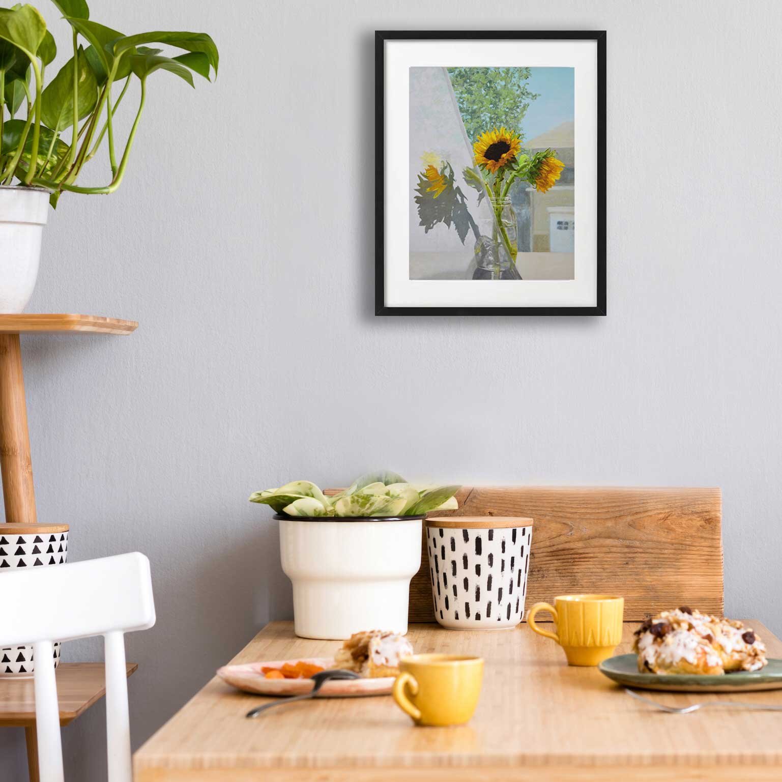 Sunflowers and Shadows Print Example Framed in a Room