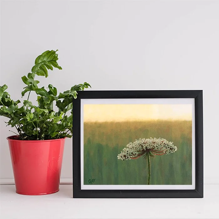 Painting "Wild Carrot Flower in the Morning" example in a frame.