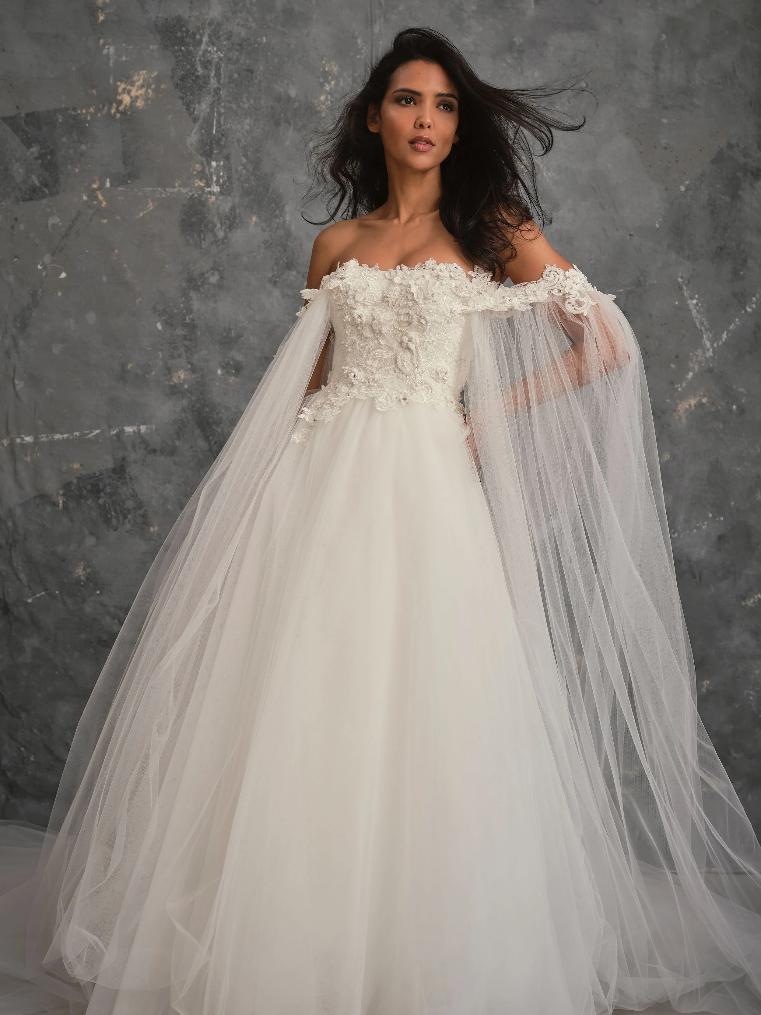 Romantic Debutante off-the-shoulder wedding dress with floral embroidered satin corset and flowing tulle sleeves with hand beaded lace appliques