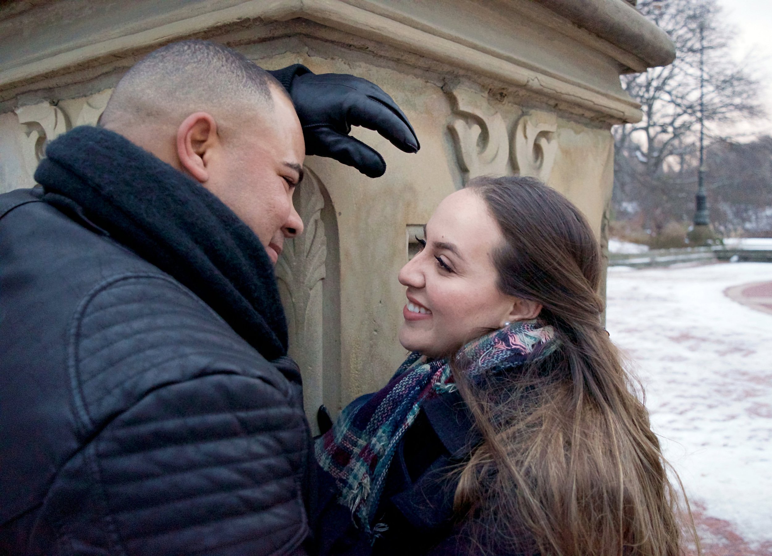  Married Couples Winter Engagement Session Photography Central Park Gapstow Bridge Bethesda Fountain, catholic photographer 