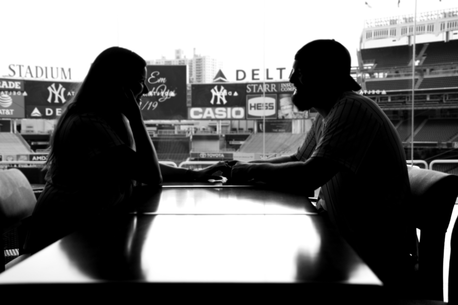 surprise proposal yankee stadium new york engagement photographer, silhouette photography, catholic photographer 