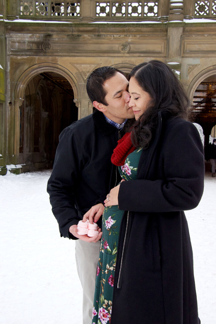  pink baby shoes, Winter Maternity photography, Central Park New York, Catholic Photographer 