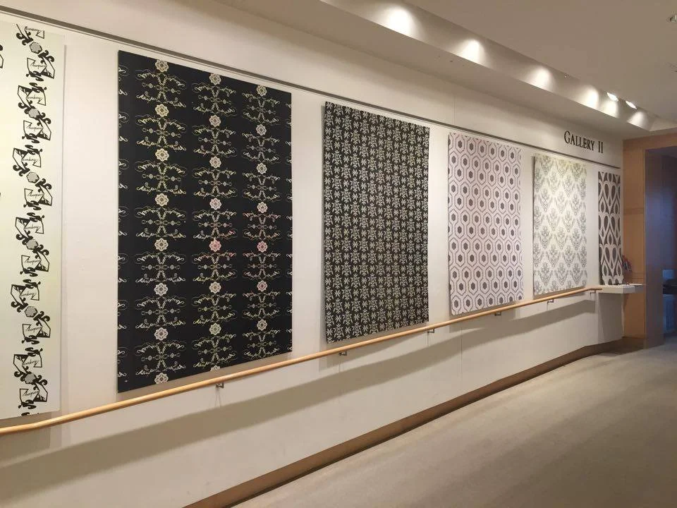 twelve sections of wallpaper from The Patterns' Vicious Influence on view in a solo exhibition at the Overture Center for the Arts in Madison, WI (Winter 2016)