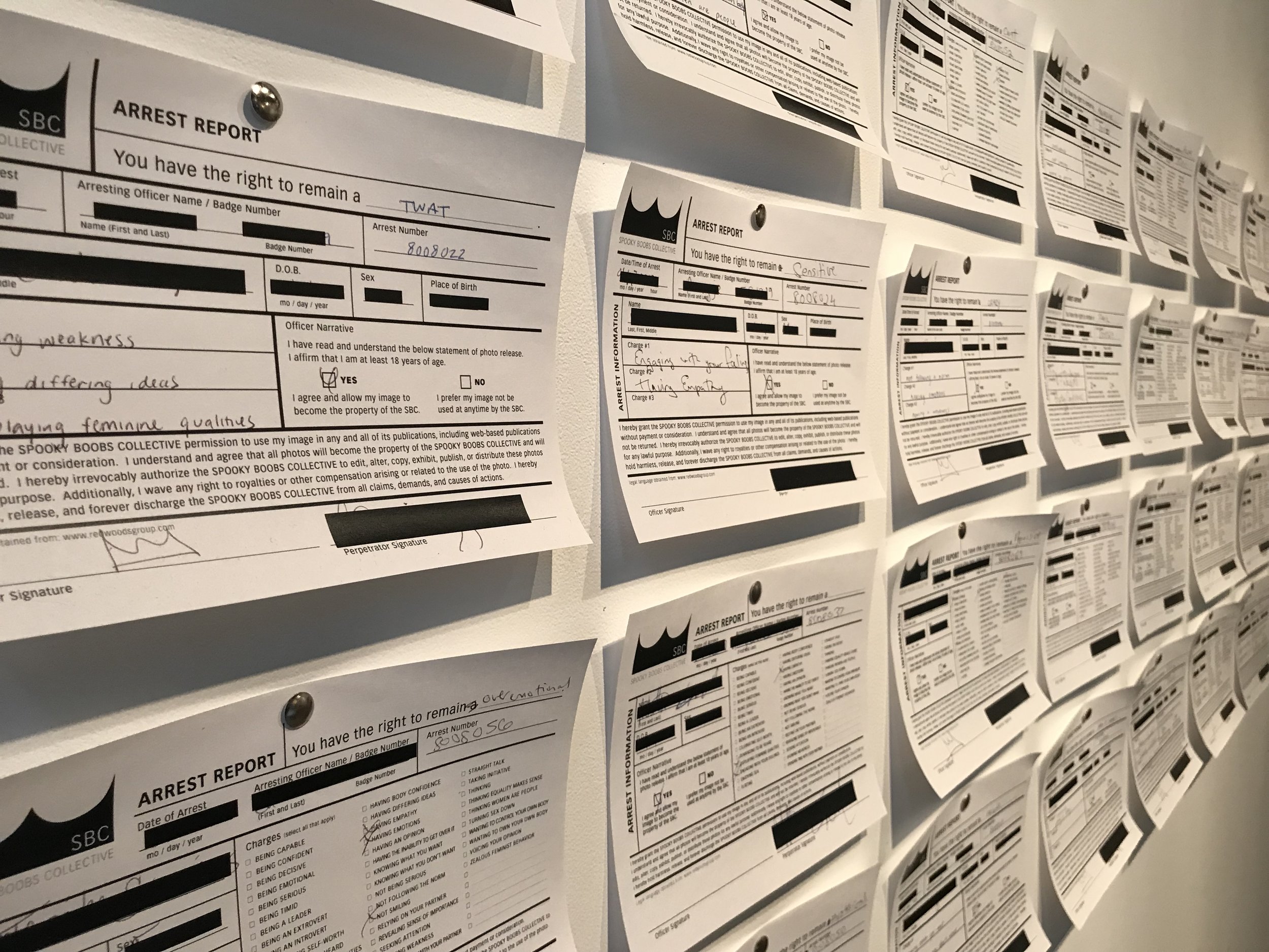  Detail documentation of how redacted arrest reports from previous iterations of this performance were displayed in our solo exhibition  The Pervasive Curse  at the University of Wisconsin-Whitewater’s Crossman Gallery in Spring 2019. 