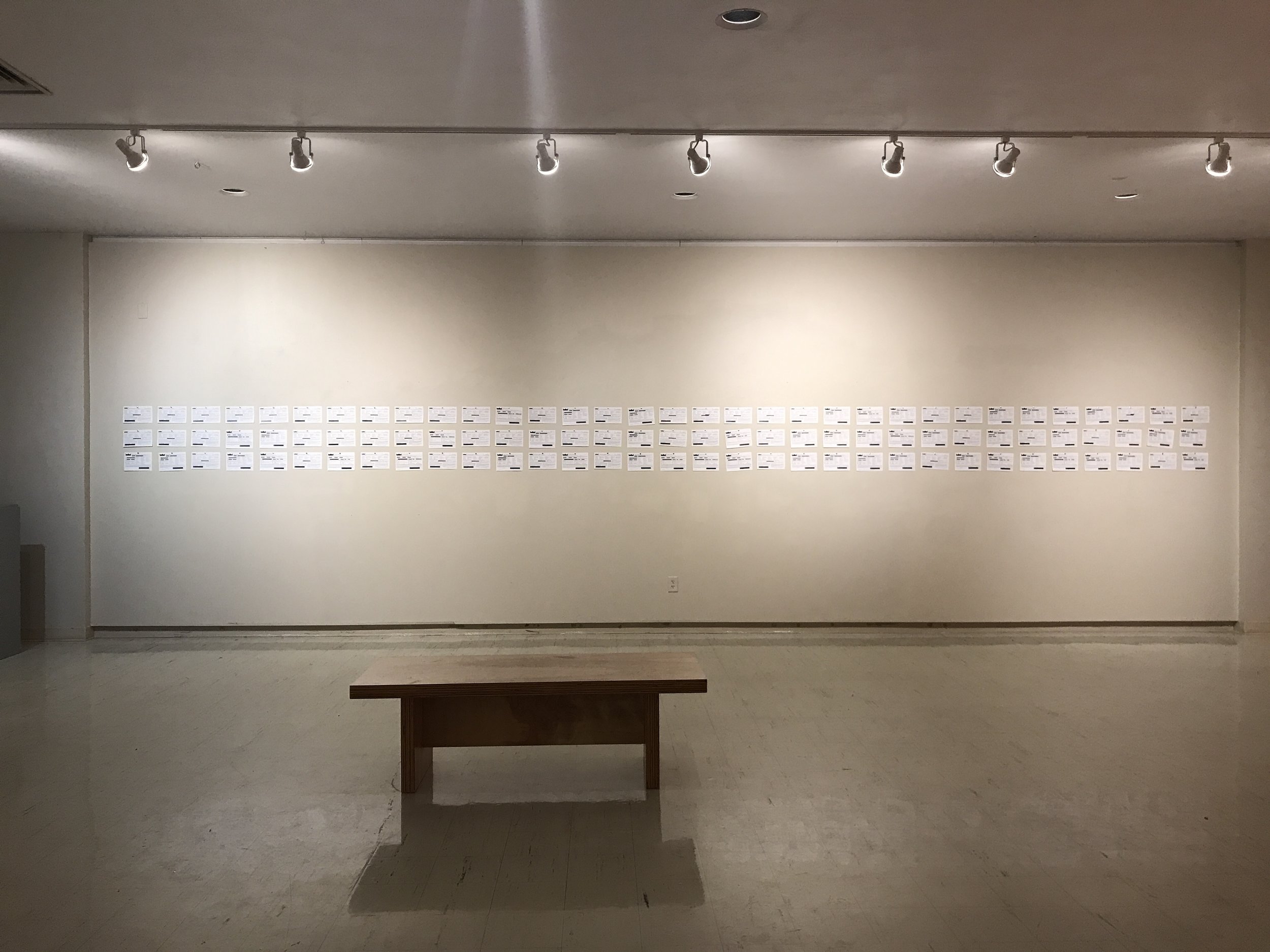  Documentation of how redacted arrest reports from previous iterations of this performance were displayed in our solo exhibition  The Pervasive Curse  at the University of Wisconsin-Whitewater’s Crossman Gallery in Spring 2019. 