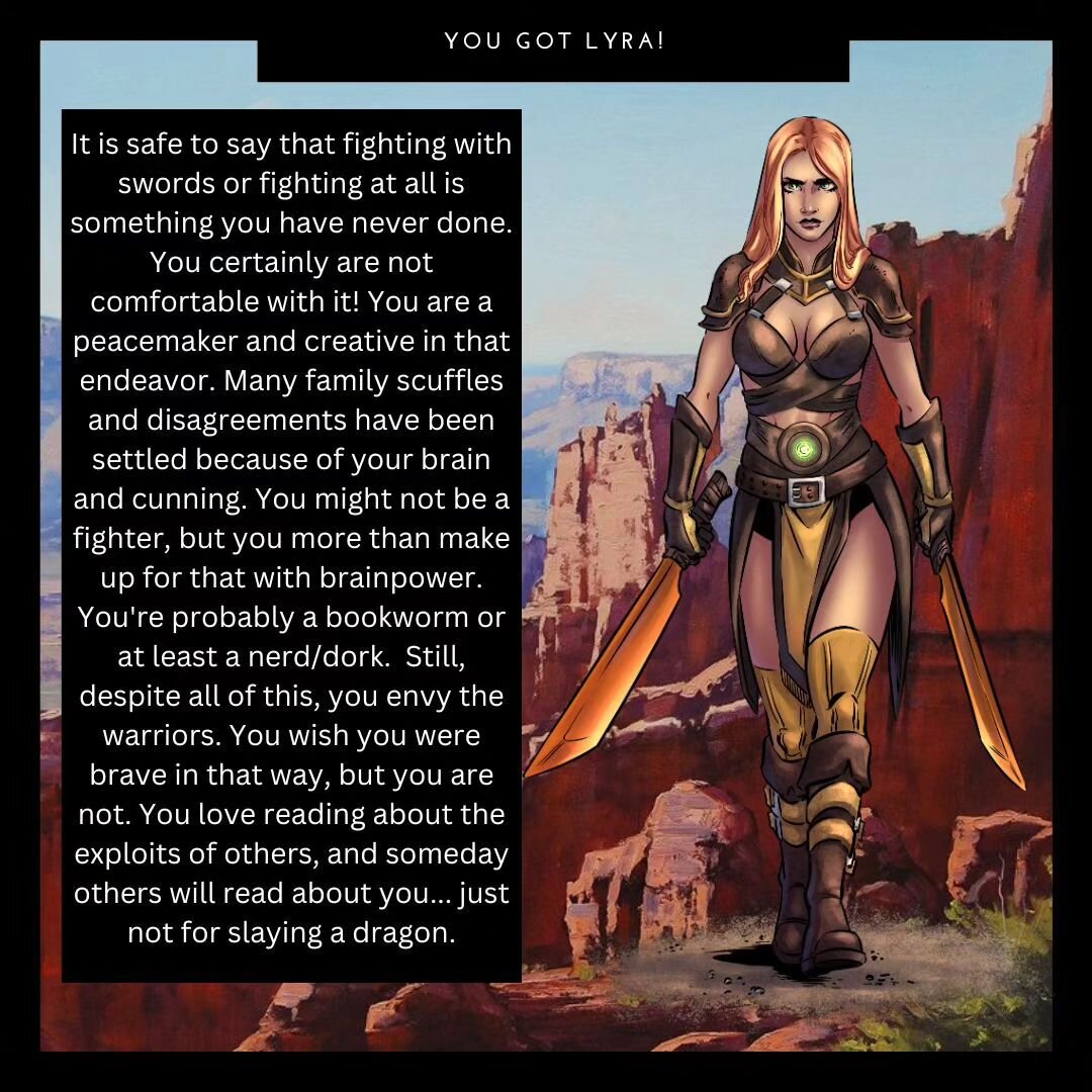 Personality test results for Lyra. #WritingCommunity #fantasy #writing #comicsgate #fiction #epic #novels #cartography #books #indiegogo #fantasymap #map #maps #dungeonsanddragons #knight #reading #orcs #elves #dwarves #warrior #amwritingfantasy #fan