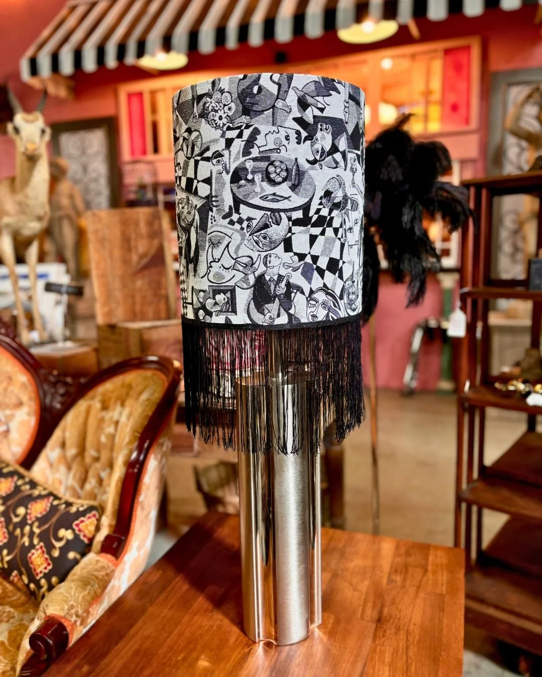 Floor 13_Furniture_New Orleans_Antique_Vintage_Mid Century Modern_Custom_Lampshade_Black_White_Fringe_01.jpg