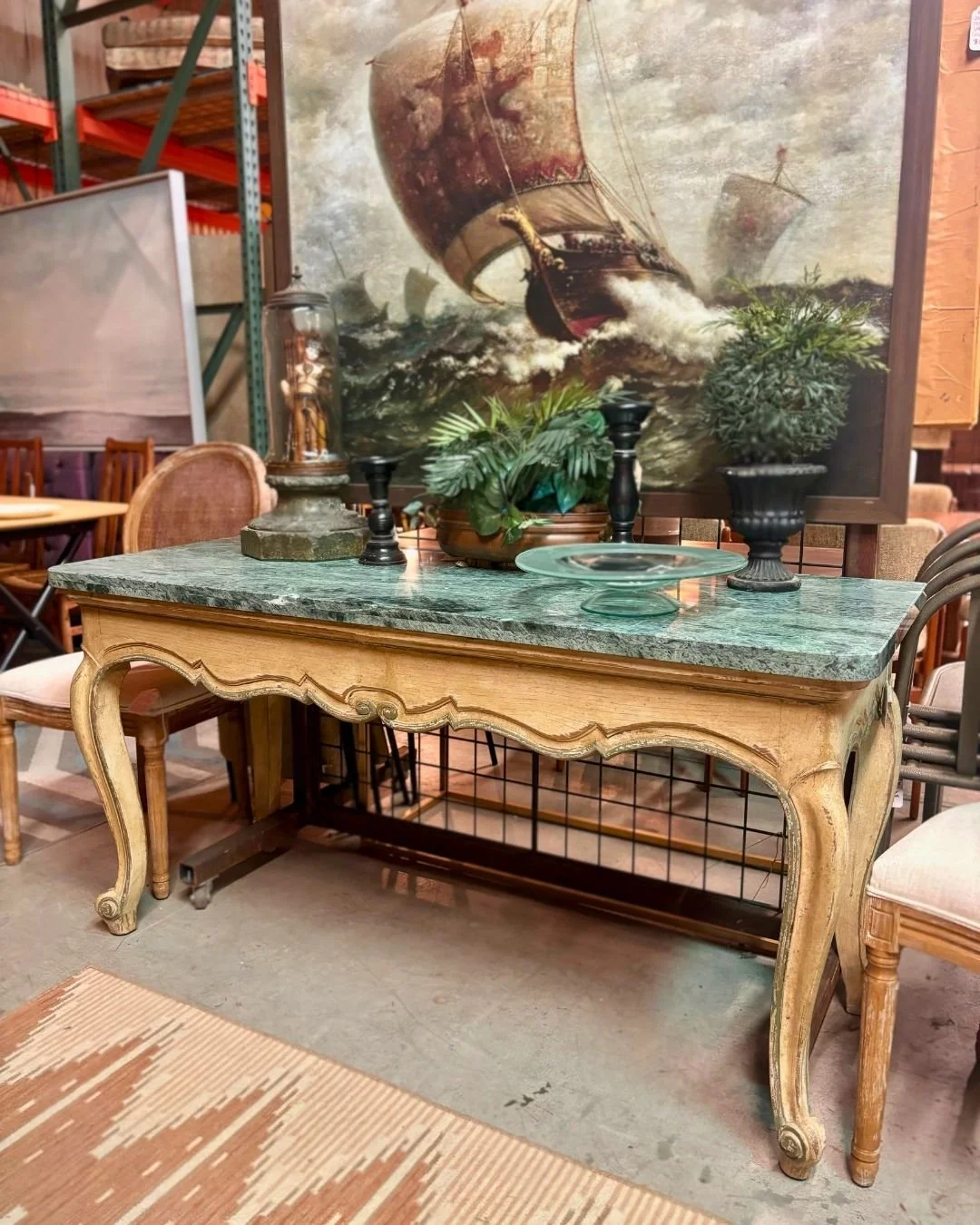 Floor 13_Furniture_New Orleans_Antique_Vintage_Mid Century Modern_Green_Granite_Marble_Top_Console_Table_01.JPG