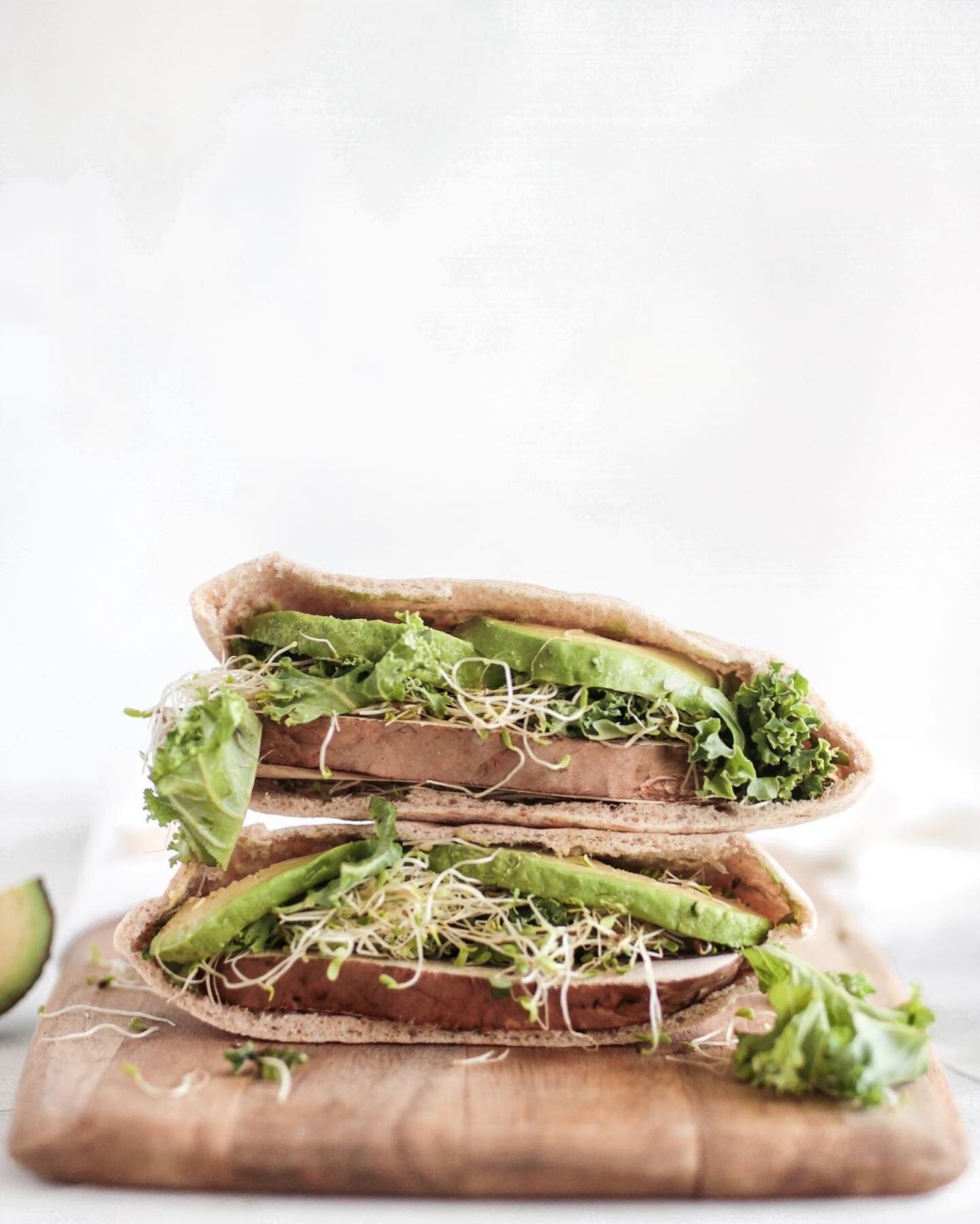 For a quick lunch, stuff a lightly toasted @foodforlifebaking sprouted grain pita with greens, sprouts, avocado, portobello mushroom and a thick, creamy layer of hummus. Add a generous squeeze of fresh lemon juice, sea salt and black pepper to taste.