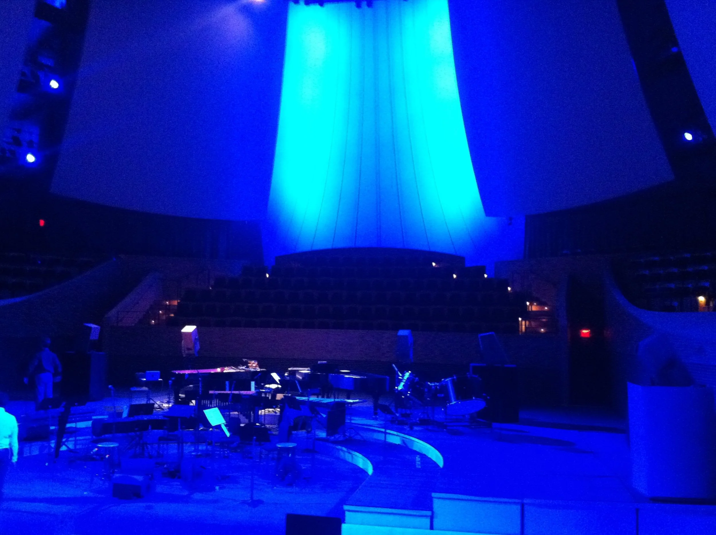 The stage before the U.S. premiere of Reich's "Radio Rewrite," Stanford, March 2013
