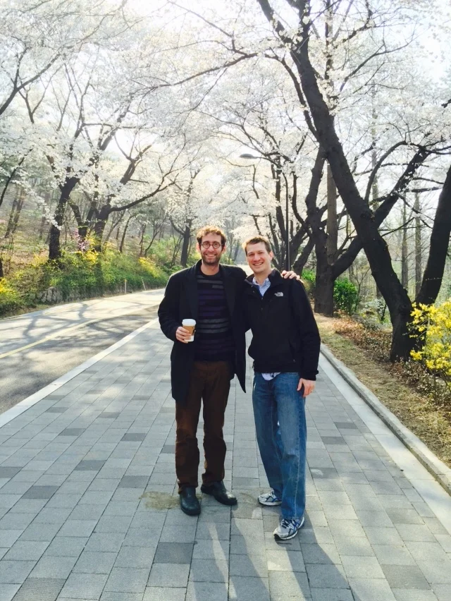 Doug Balliett and Stefan Freund amidst cherry blossoms
