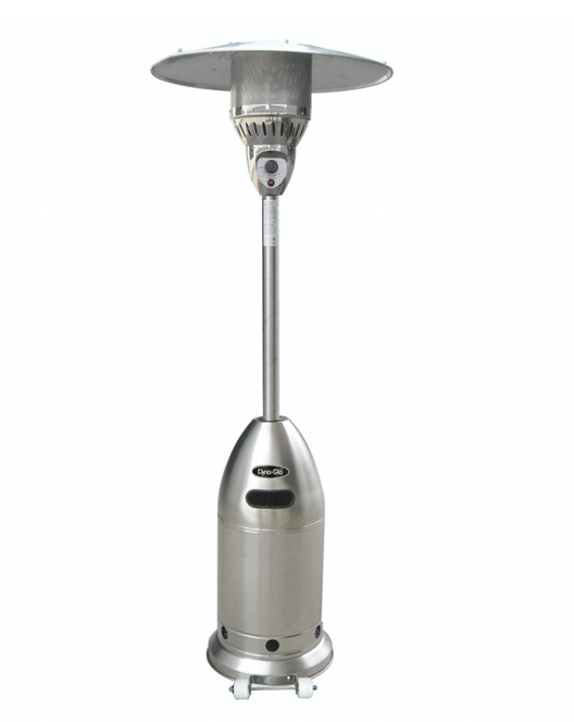 Standing patio heater - uses a propane tank and has wheels so it can be moved around the yard.