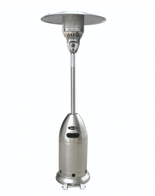 Standing patio heater -  uses a propane tank and has wheels so it can be moved around the yard.