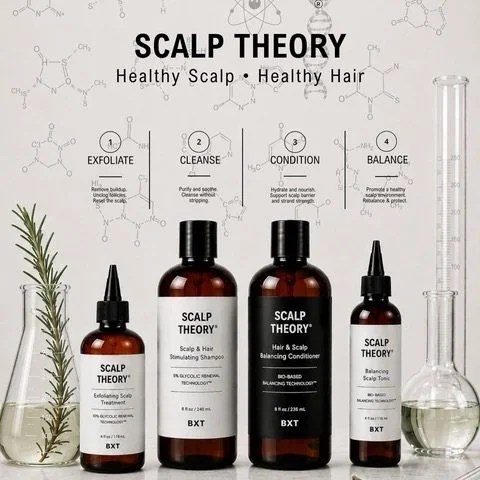 Healthy Scalp. Healthy Hair.

Because beautiful hair starts at the roots.
The SCALP THEORY&reg; System supports the entire scalp ecosystem with four essential
steps:

1. EXFOLIATE: Exfoliating Scalp Treatment - Removes buildup, excess oil, and dead s