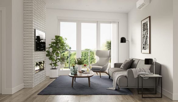 Rendering of a modern living room with large windows and a white brick fireplace.