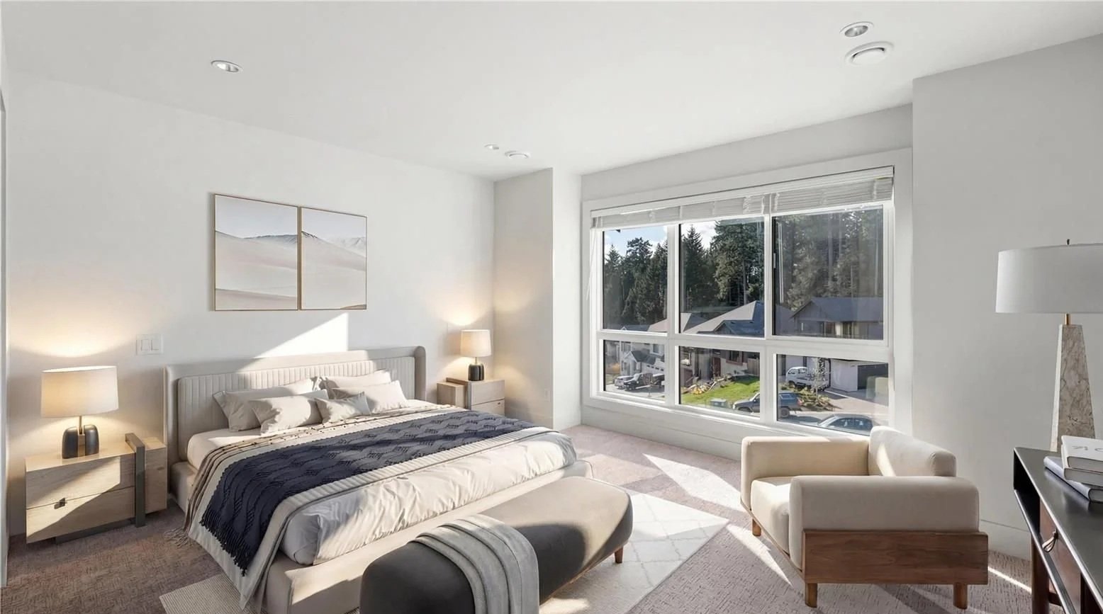 Bright bedroom with big windows