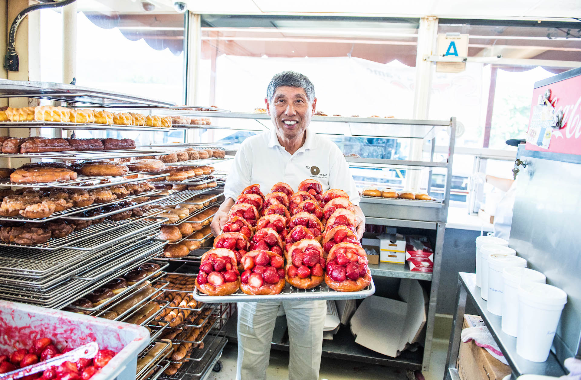 Jim Nakano, the Donut Man, and his famous strawberry donuts.