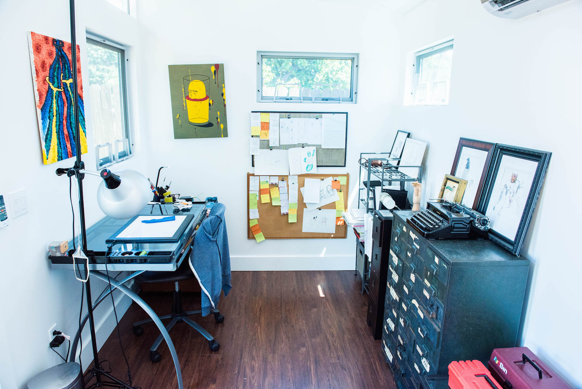 Mari's art studio is located in her backyard.