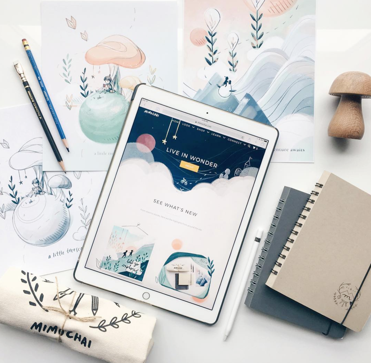 Mimi uses both paper and pencil and tablets to draw. Courtesy of Mimi Chao