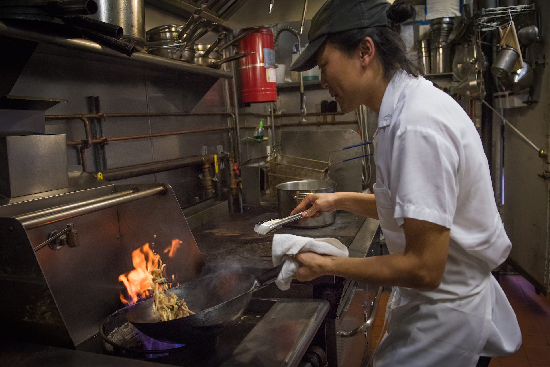 Jonathan and his staff work in a small kitchen in the back. When the wok is fired the heat of the kitchen jumps up 10 degrees.