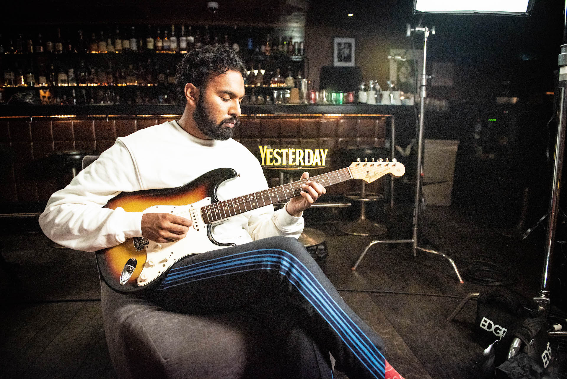 Himesh Patel, the lead in Yesterday, playing a 1965 Fender Stratocaster.