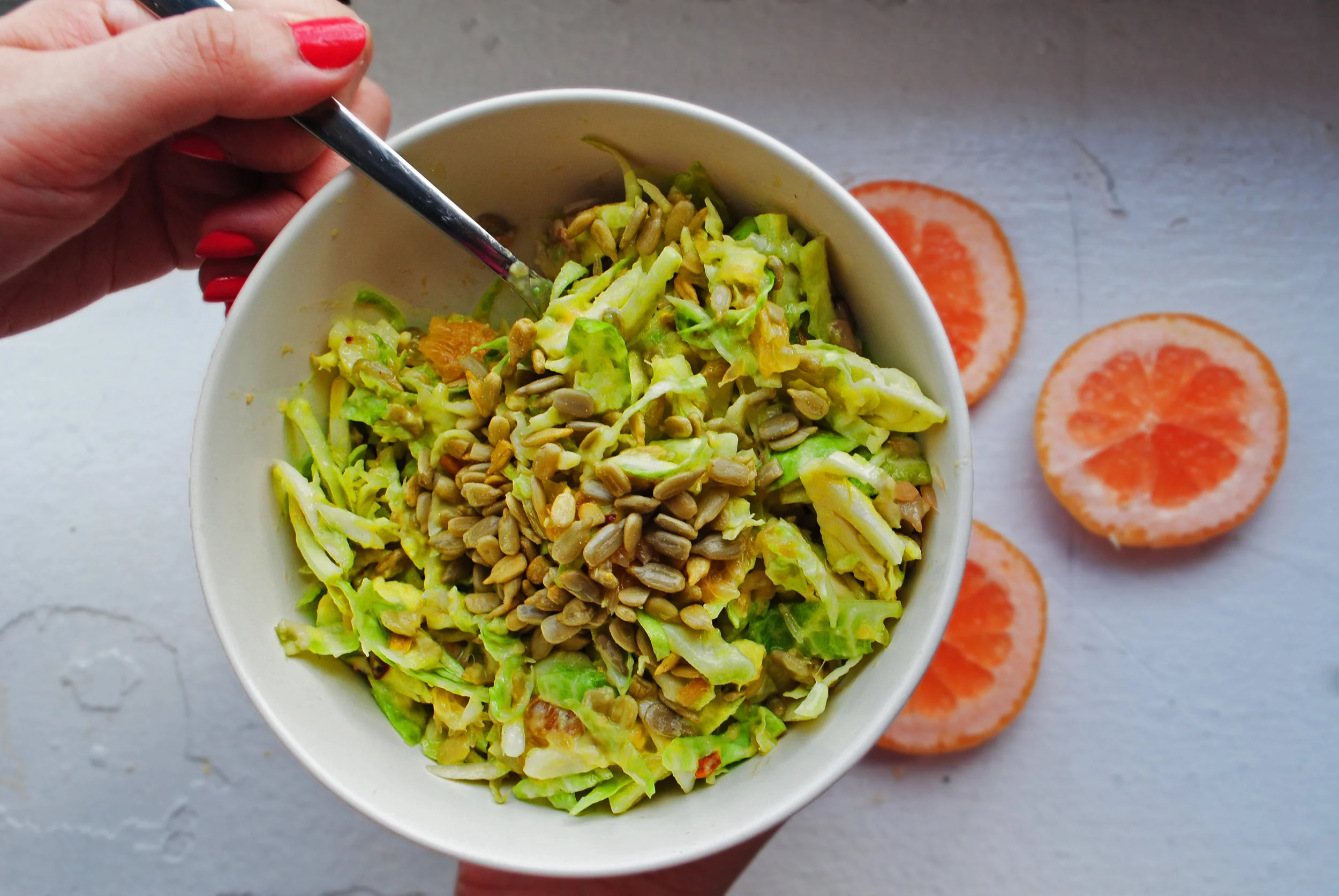 SHREDDED BRUSSELS SPROUTS SALAD WITH GRAPEFRUIT AND AVOCADO