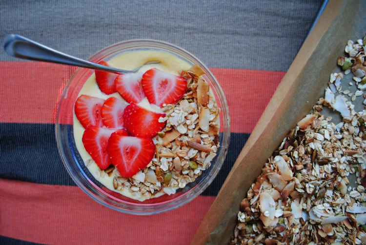 Mango Lassi Smoothie Bowl with Toasted Coconut Muesli