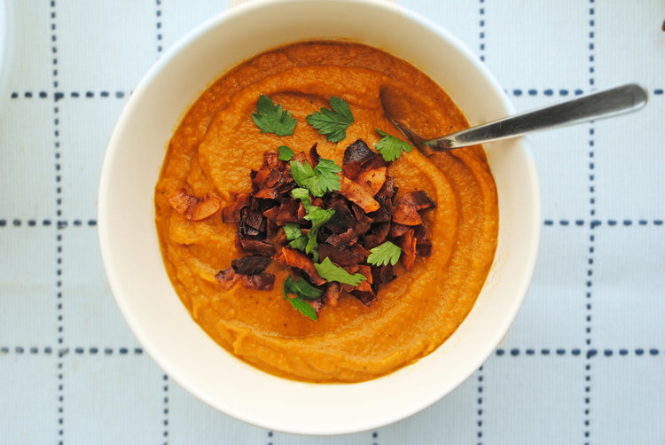 Roasted Sweet Potato + Coconut Soup with Coconut Bacon