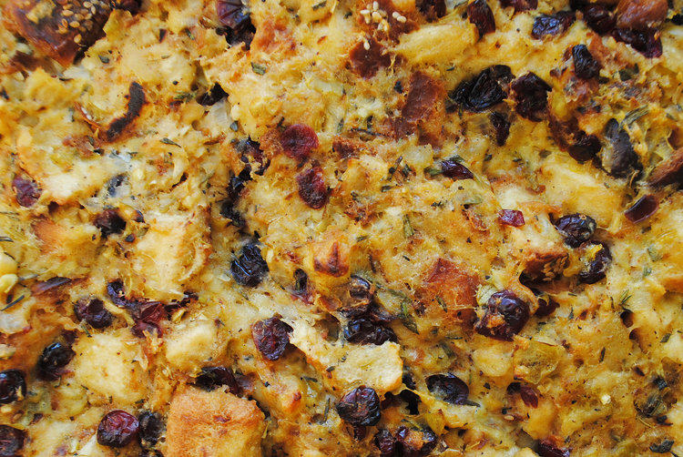 Challah Stuffing with Apples, Shallots + Cranberries