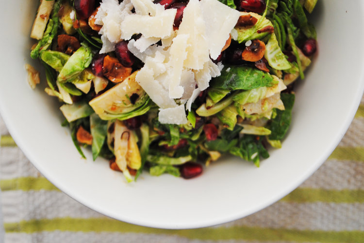 Pomegranate, Parmesan + Hazelnut Brussels Sprout Salad