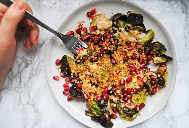 Crispy Sprouts with Tahina + Pomegranate
