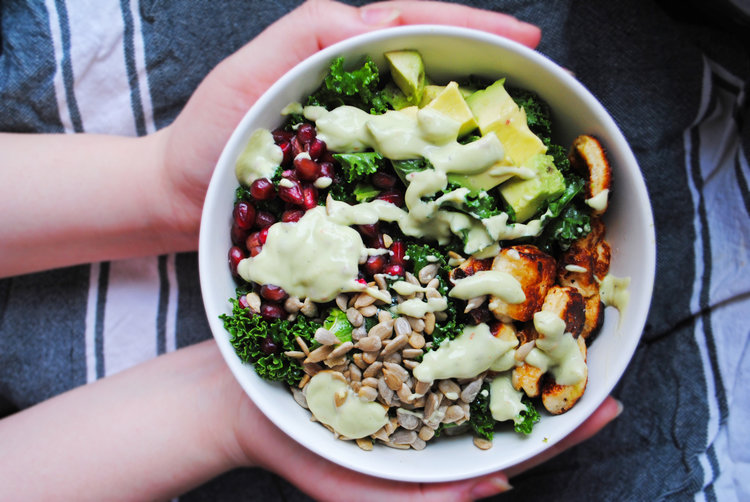 Halloumi Kale Salad with Avocado Dressing