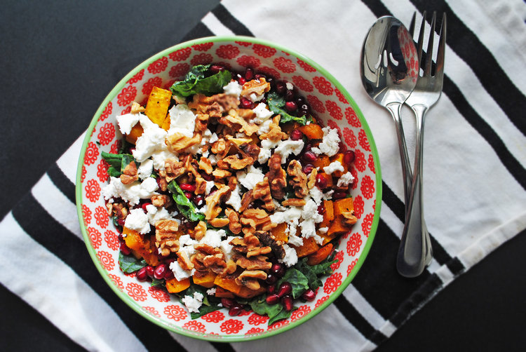 Roasted Butternut, Feta + Pomegranate Kale Salad