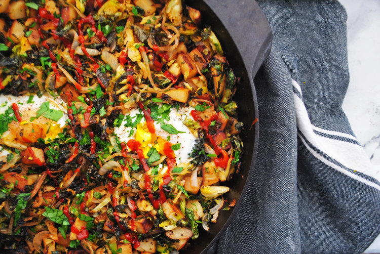 Crispy Kale, Brussels Sprouts + Potato Hash