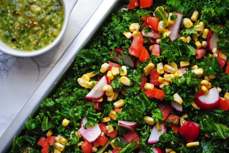 Colorful Kale Salad with Tomatillo Dressing