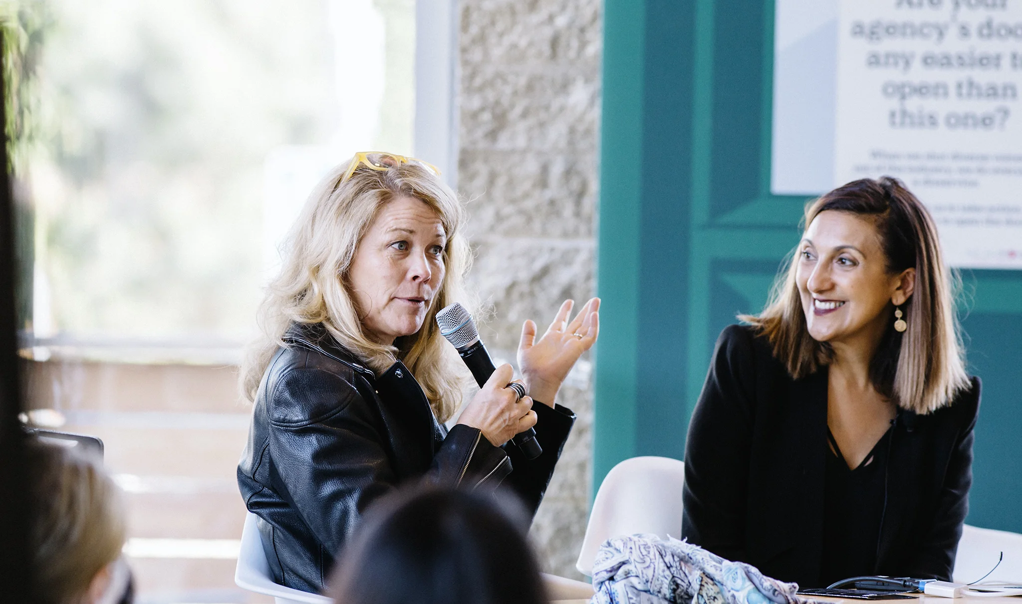 Lisen Stromberg, Chief Operating Officer at 3% converses with Amanda Enayati during a breakout session at the 3% Mini-Conference at the Steelhead headquarters in Los Angeles on April 26th, 2018.