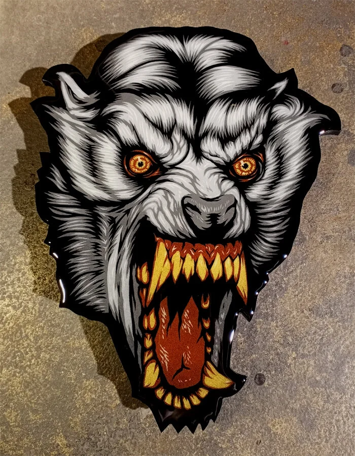 Deluxe Kessler Wolf spray painted head on cut wood.