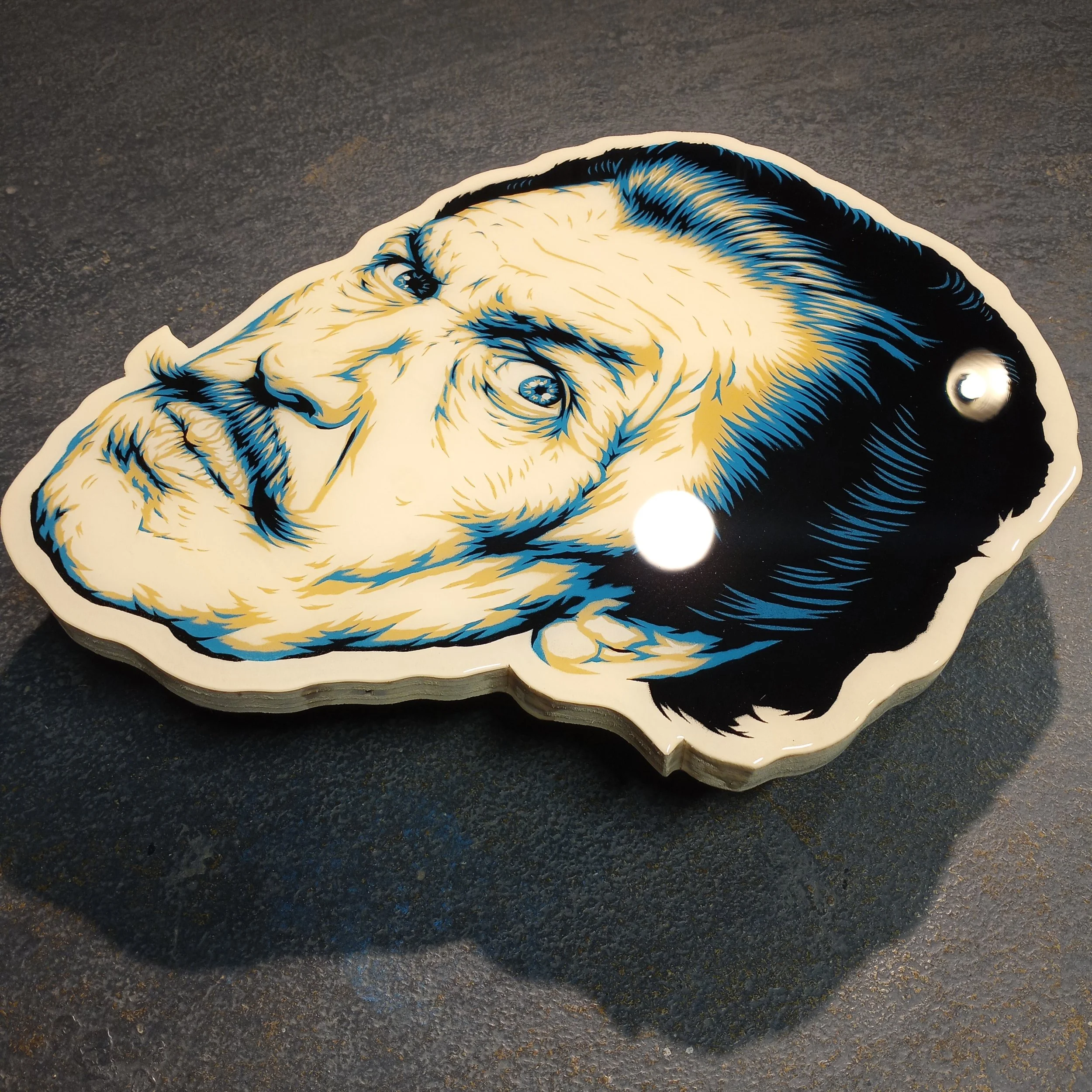 VINCENT PRICE spray painted head on cut wood.