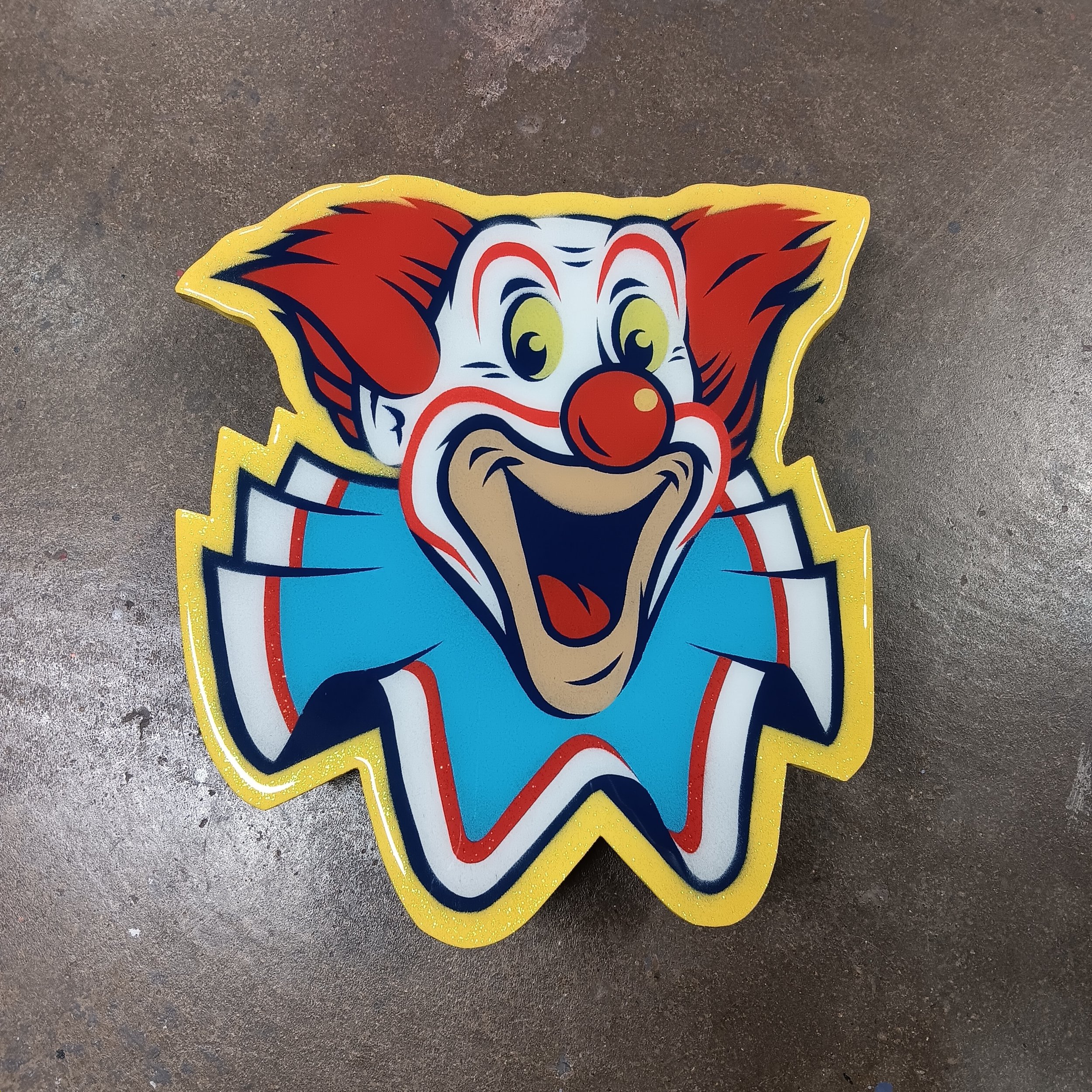 THE GRAND PRIZE CLOWN! SPRAY PAINTED HEAD ON CUT WOOD