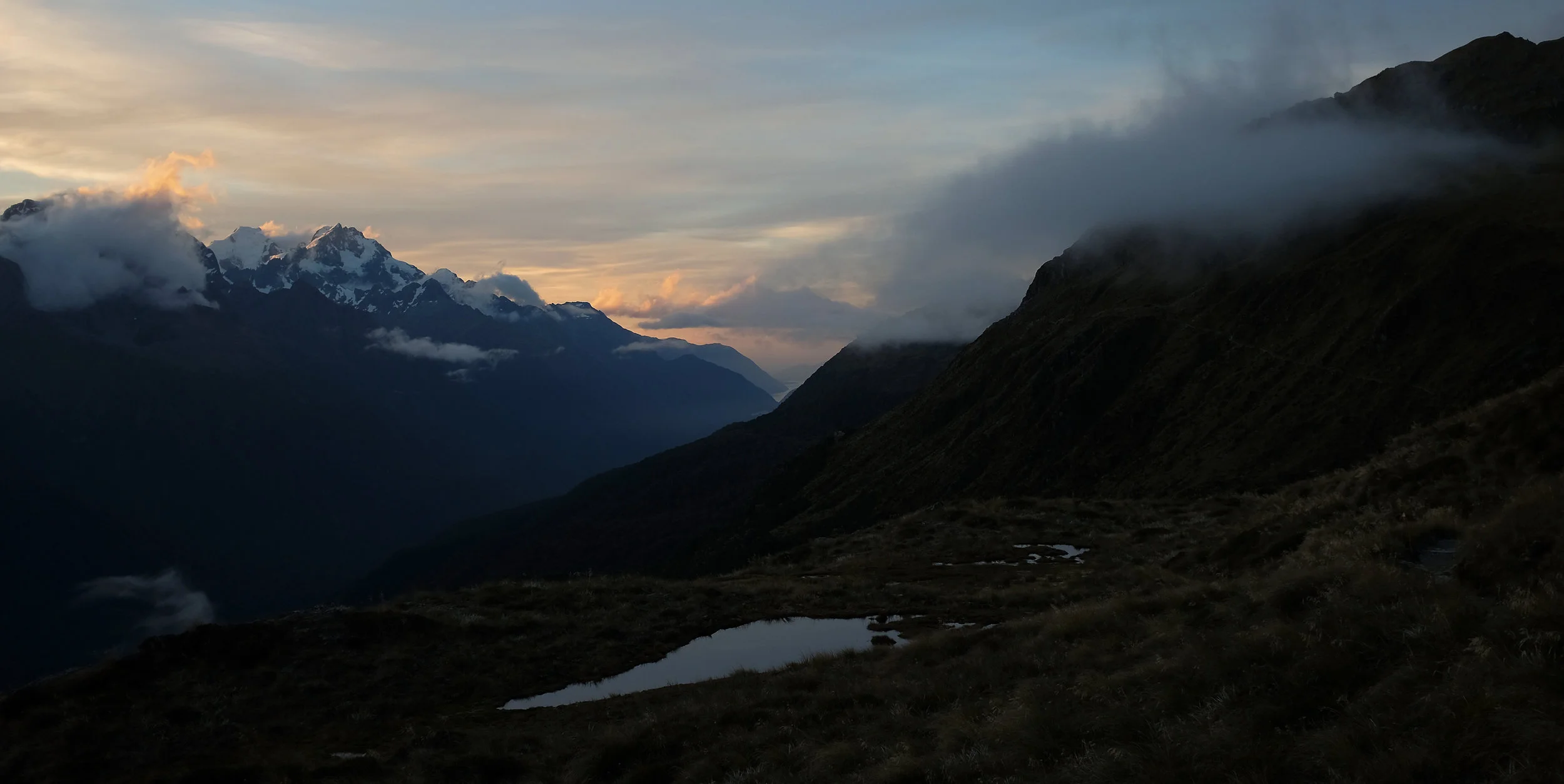 Tarns high up on the Routeburn at sunset.