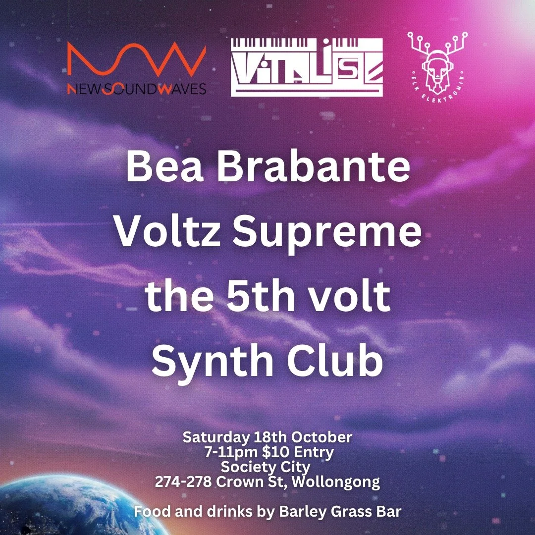 Elk Elektronik takes over Society City Wollongong tonight for a live electronic music feast! We welcome Bea Brabante, the5thvolt, Voltz Supreme and Synth Club along with DJ sets from Chozzabev and cable stall from Rakt Audio. 
Doors open at 7pm. $10