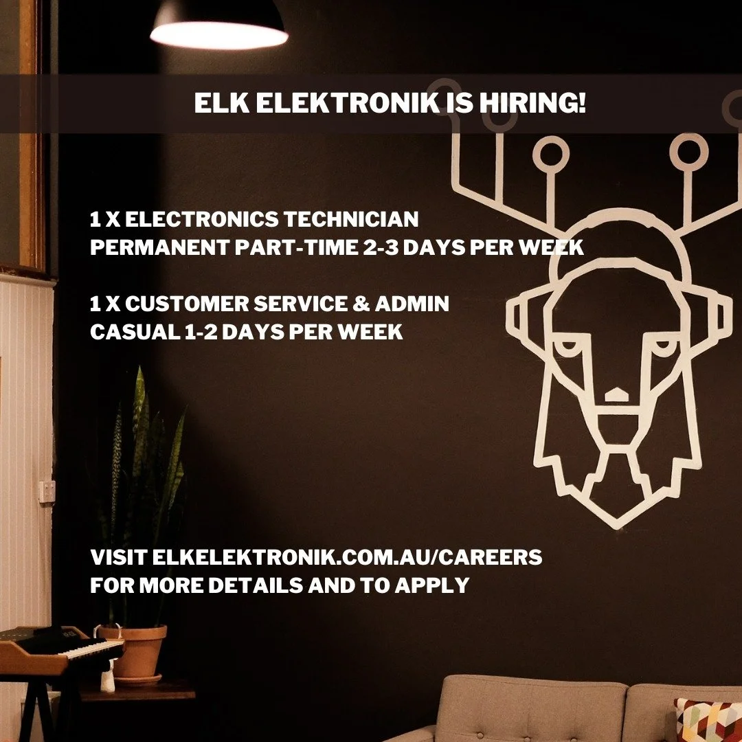 Elk Elektronik is hiring!We’re a growing team, passionate about synths, music tech and developing positive experiences through music tech education and keeping great gear running well through service and repairs.
For more information and to ap