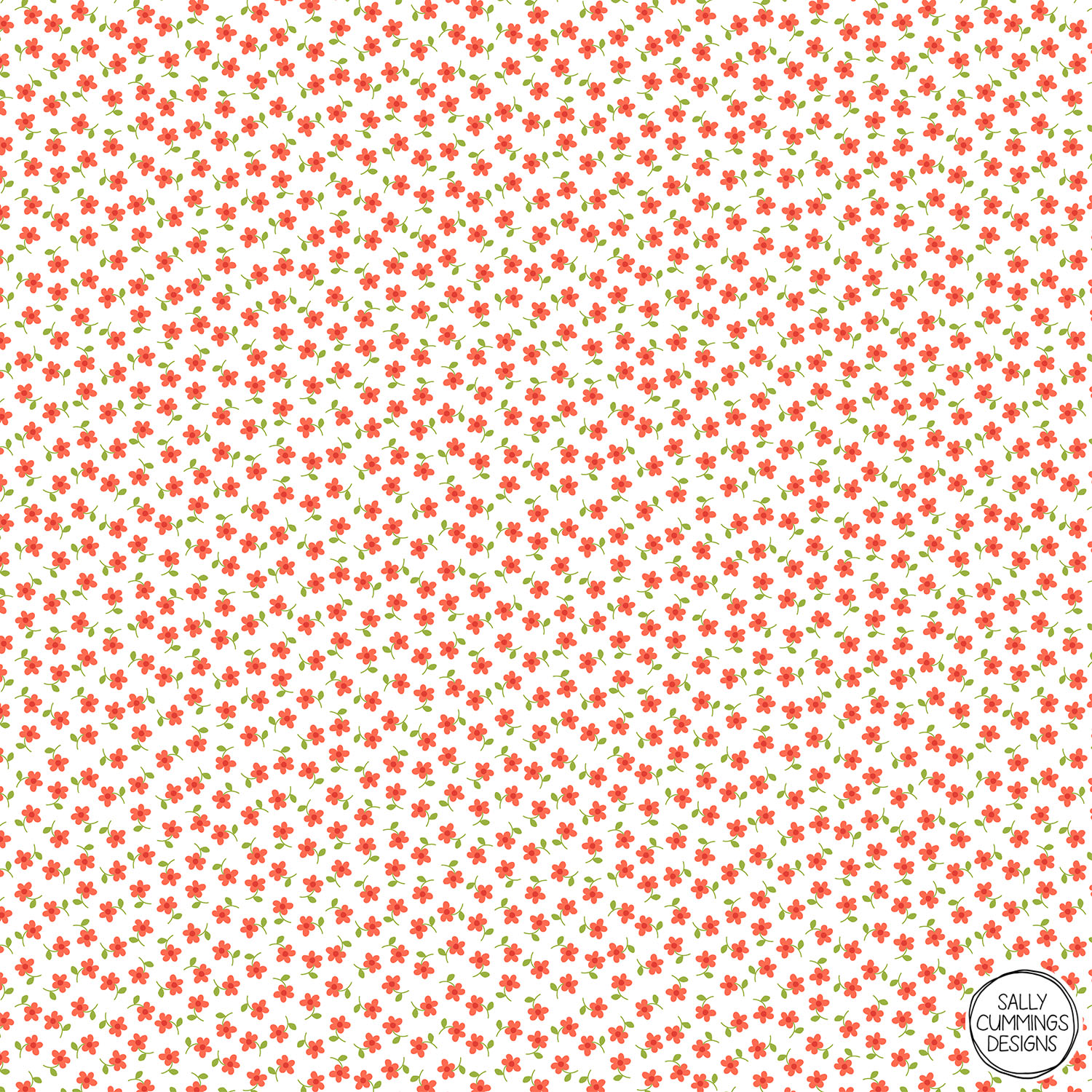 Sally Cummings Designs - Ditsy Floral Pattern (Coral and Green on White)