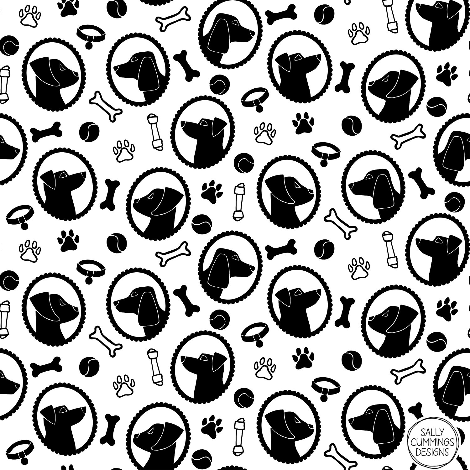 Sally Cummings Designs - Dog Cameos Pattern Monochrome