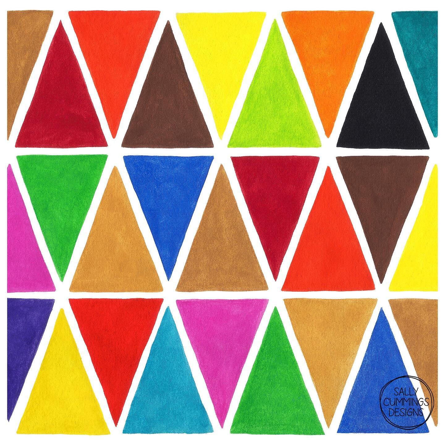 Multicoloured Harlequin Triangles is one of my most joyfully colourful designs to date! 😊 Hand painted triangles in saturated watercolours. Available on Society6 and Redbubble 🌈

#sallycummingsdesigns #society6 #redbubble #patterndesign #surfacedes