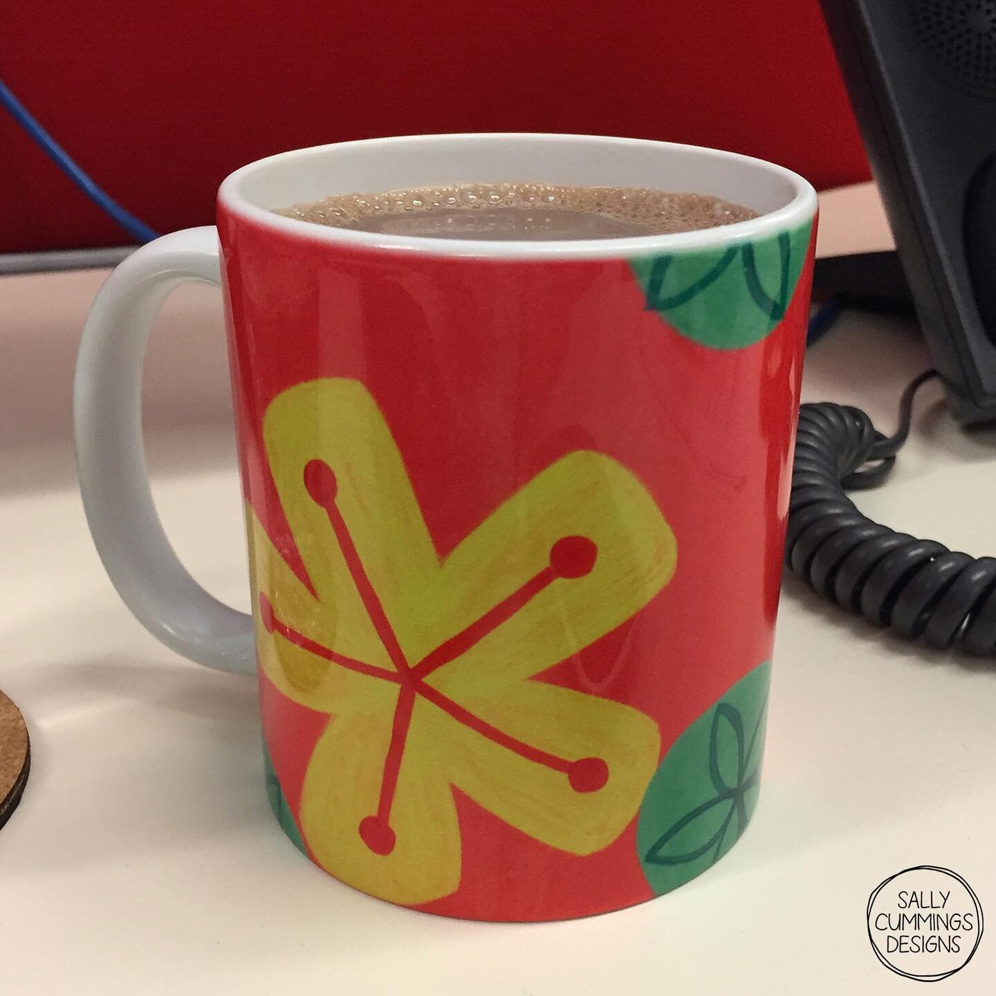 I love this coffee mug featuring my hand painted bright retro floral design 🌼 It makes me so happy to be able to apply my designs to products I can use and enjoy! ❤️

#sallycummingsdesigns #surfacedesign #redbubble