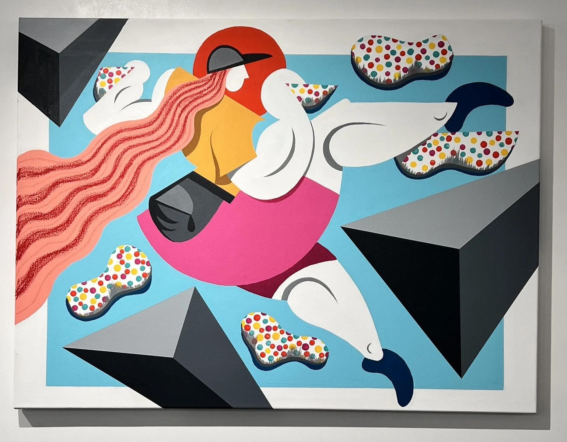 Abstract artwork featuring a woman with long pink hair, wearing a yellow top and pink skirt, surrounded by geometric shapes and colorful patterned objects on a blue background.