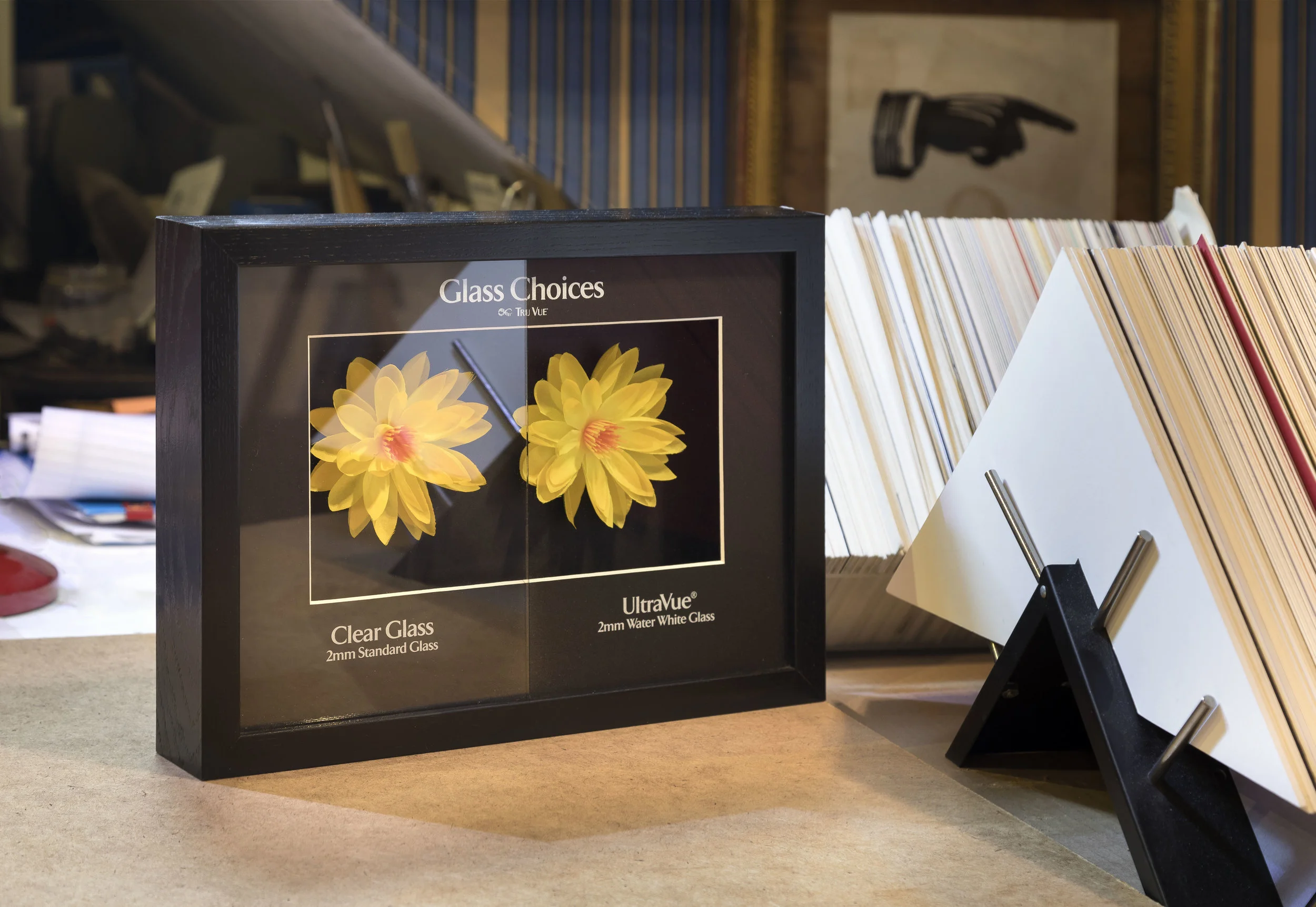 Sample box frame demonstrating low refection glass