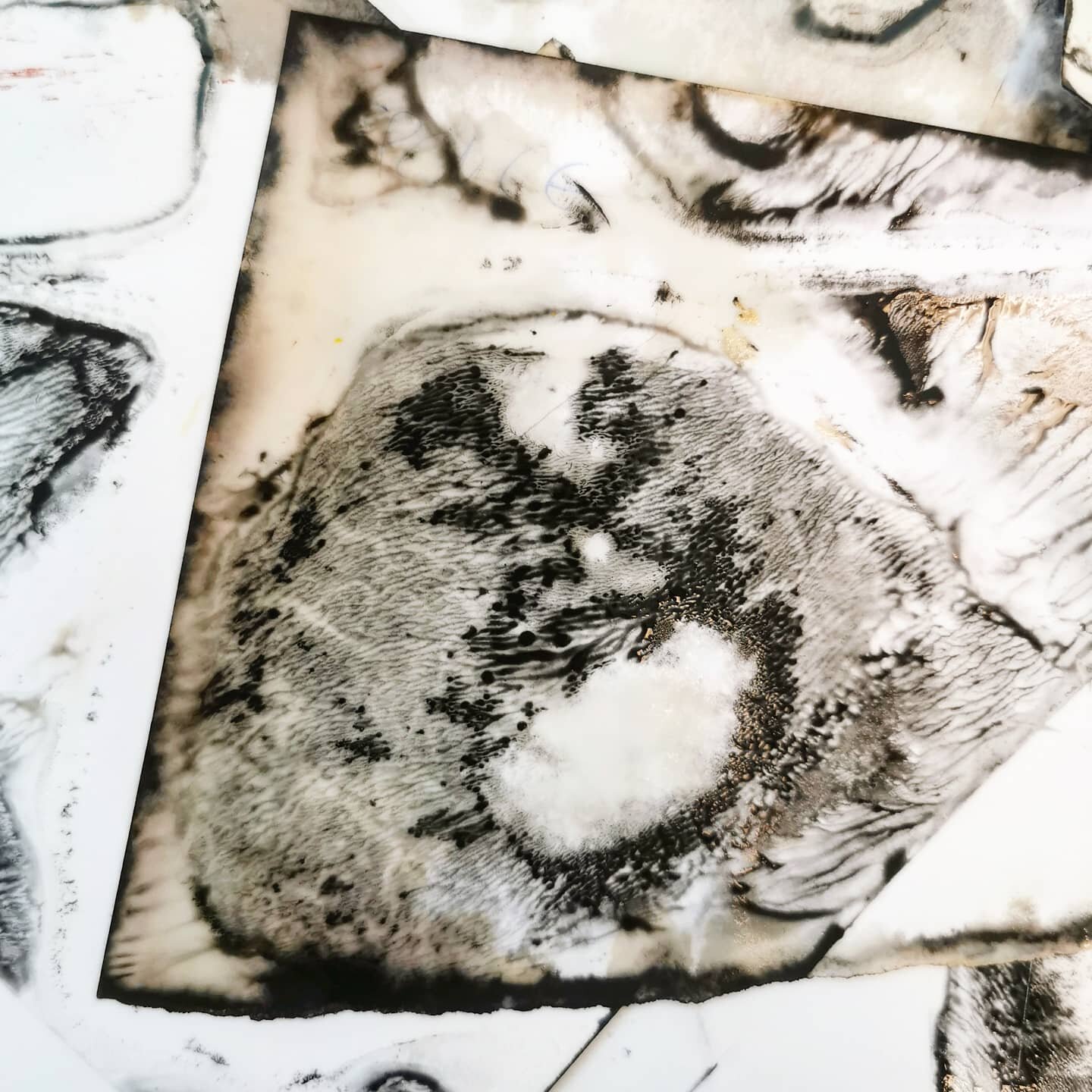 Still wet chemigrams left for months in a student darkroom.

#Darkroom #anologue #analoguephotography #Print #printmaking #prints #chemigram #experiment #experimentalart #experimental #alternative #alternativephotography #Student #Teacher #Lecturer